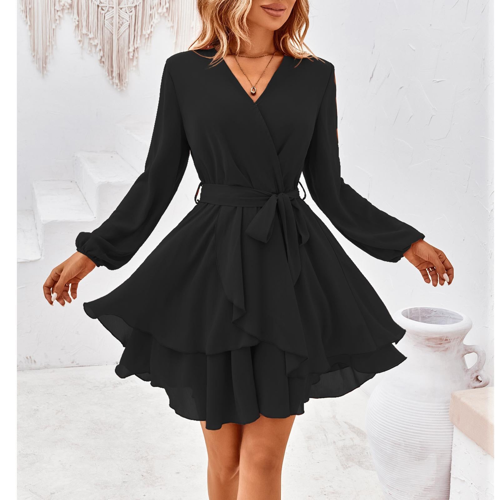 Women's Breathable Chic V-Neck Wrap Lantern Long-Sleeve Chiffon Dress - Belt Tie Waist, Layered Ruffle A-Line Mini Dress for Day, Evening, Casual Cocktail Occasions (Emerald Option Available)