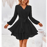 Women's Breathable Chic V-Neck Wrap Lantern Long-Sleeve Chiffon Dress - Belt Tie Waist, Layered Ruffle A-Line Mini Dress for Day, Evening, Casual Cocktail Occasions (Emerald Option Available)