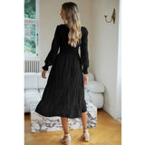 Women's Swiss Dot Long Sleeve Midi Dress - Round Neck Smocked Bodice, Tiered Flowy A-Line, Elastic Fabric, Feminine Balloon Casual Wear Dress