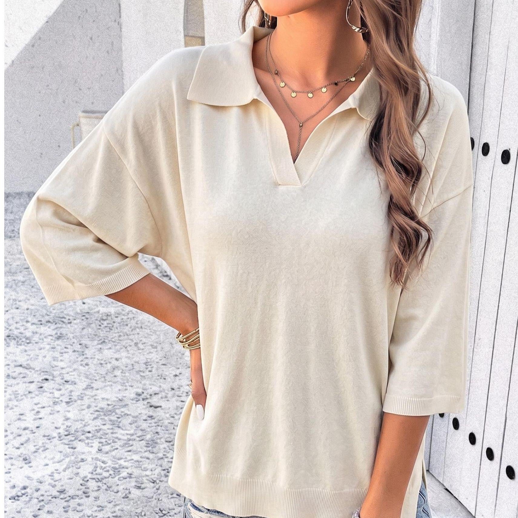 Women's Minimalist Fashion Polo Collar Knit Top - 3/4 Sleeve, V-Notch, Side Split, Lightweight Loose Basic Fabric Casual Blouse for Daily Wear