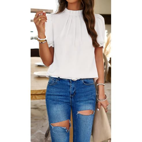 Women's Mock Neck Puff Short Sleeve Blouse, Elegant Lace Trim Pleated Front Loose Fit Summer Chiffon Tunic Top for Office Casual