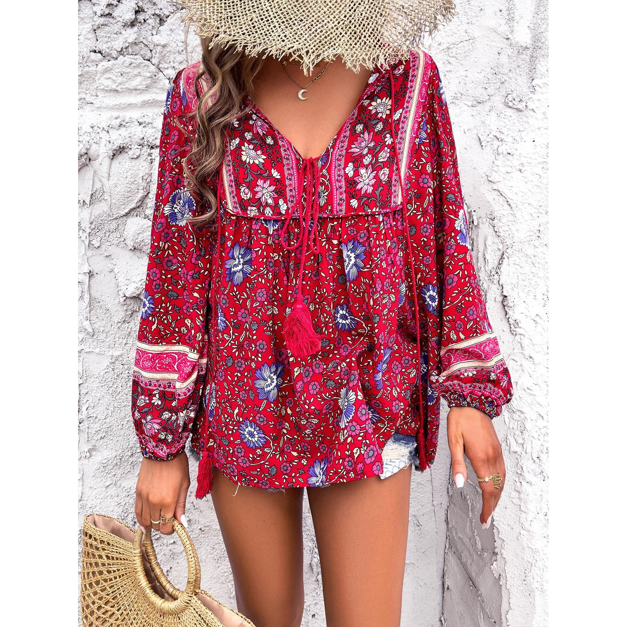 Women's Chic Bohemian Floral Print Blouse - Elegant V-Neck Drawstring Tassel Tie, Long Lantern Sleeves, Loose Comfortable Ethnic Shirts for Summer Beach Vacation Style