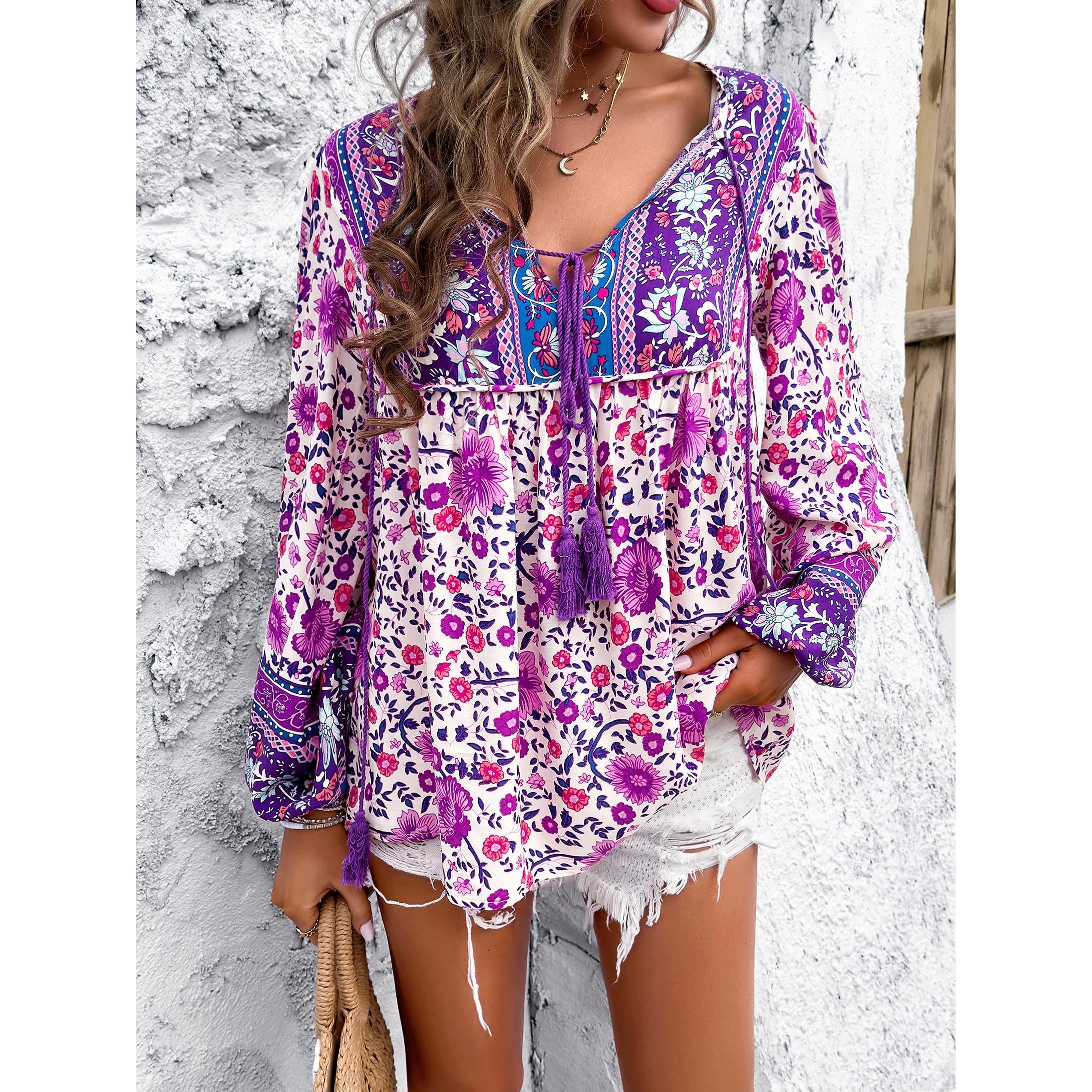 Women's Chic Bohemian Floral Print Blouse - Elegant V-Neck Drawstring Tassel Tie, Long Lantern Sleeves, Loose Comfortable Ethnic Shirts for Summer Beach Vacation Style