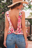 Pink Floral Round Neck Twisted Cut Out Back Tank Top