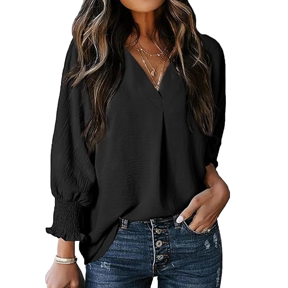 Women V Neck Collared Tunic Blouse, Oversized Loose 3/4 Lantern Smocked Sleeve Textured Casual Longline Shirt