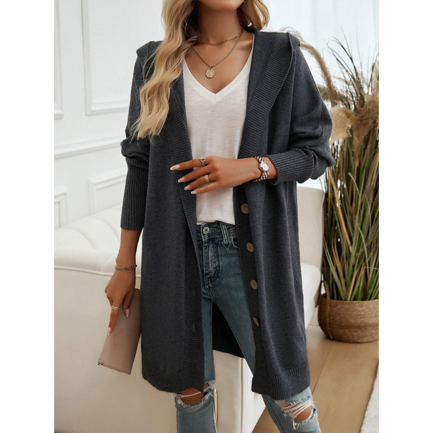 Women Oversized Hooded Long Knit Cardigan, Button Front Batwing Sleeve Casual Sweater Coat, Fall Winter Loose Outerwear
