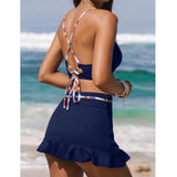Women's 2-Piece Quick Dry Tankini Swimsuit - Spaghetti Straps, Color-Block Camisole Top, Ruffled Skirt Bottoms, Backless Design for Beach Summer Vacation Confidence