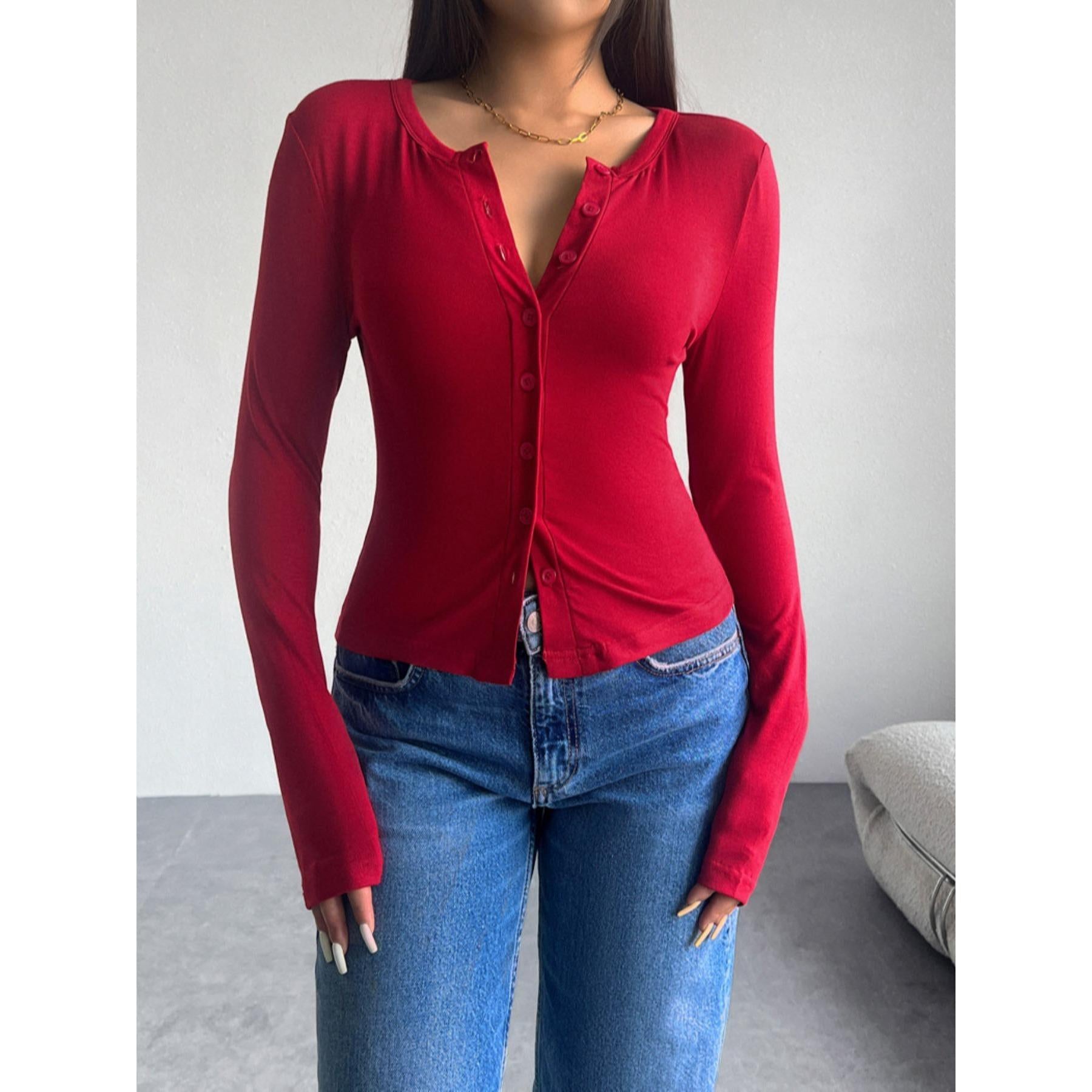 Women's Henley Neck Button-Down Long-Sleeve Cropped Blouse