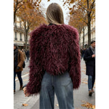 Women Shaggy Faux Fur Cropped Jacket, Long Fluffy Mongolian Faux Fur Open Front Short Coat, Trendy Fall Winter Streetwear Outerwear for Night Out Party