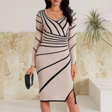 Women's Soft V-Neck Long-Sleeve Geometric Striped Knit Bodycon Slim Midi Dress - Evening Black Dress with Premium Fabric, Statement Formal Party & Office Wear
