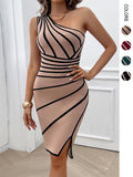 Women's Asymmetrical 1-Shoulder Geometric Striped Soft Knit Midi Dress - High-Waist Slimming Bodycon with Split Hem, Elegant Formal Dress for Cocktail Party, Birthday Ideas
