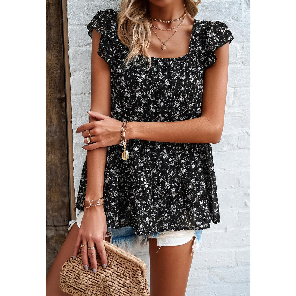 Women Ditsy Floral Square Neck Blouse Ruffle Cap Sleeve Tiered Flowy Babydoll Top Casual Summer Vacation Chiffon Shirt