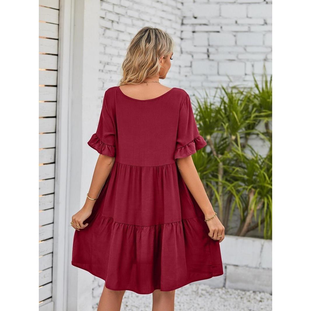 Women's Oversized Minimalist V-Neck Ruffle Short-Sleeve Tiered Midi Dress - Lightweight Soft Basic Breathable Fabric, Feminine Casual Summer Wear