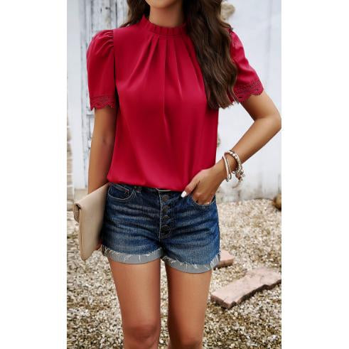 Women's Mock Neck Puff Short Sleeve Blouse, Elegant Lace Trim Pleated Front Loose Fit Summer Chiffon Tunic Top for Office Casual