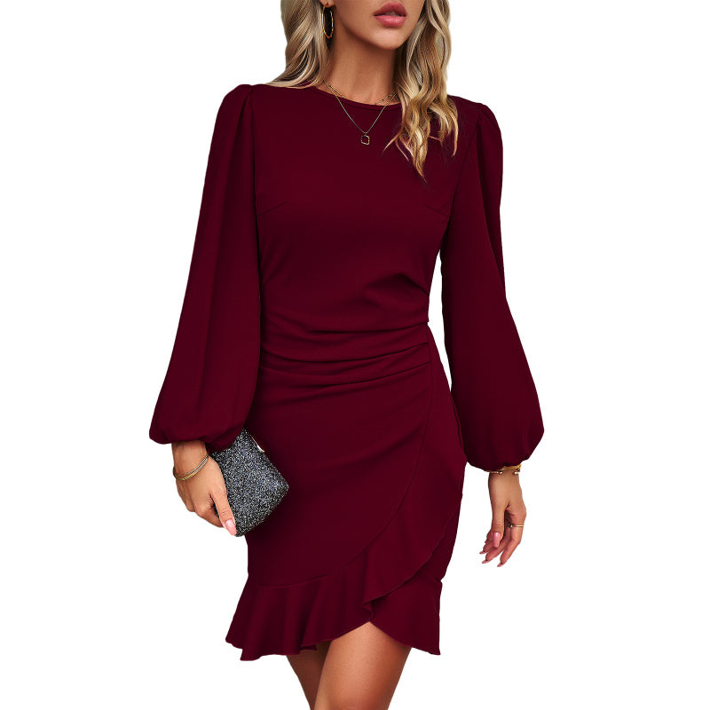 Women's Elegant Crew Neck Stretch Fabric Bodycon Mini Dress - Long Balloon Sleeves, Ruched Waist, Ruffle Irregular Hem, Front Zipper - Cocktail Dress, Wedding Guest Option