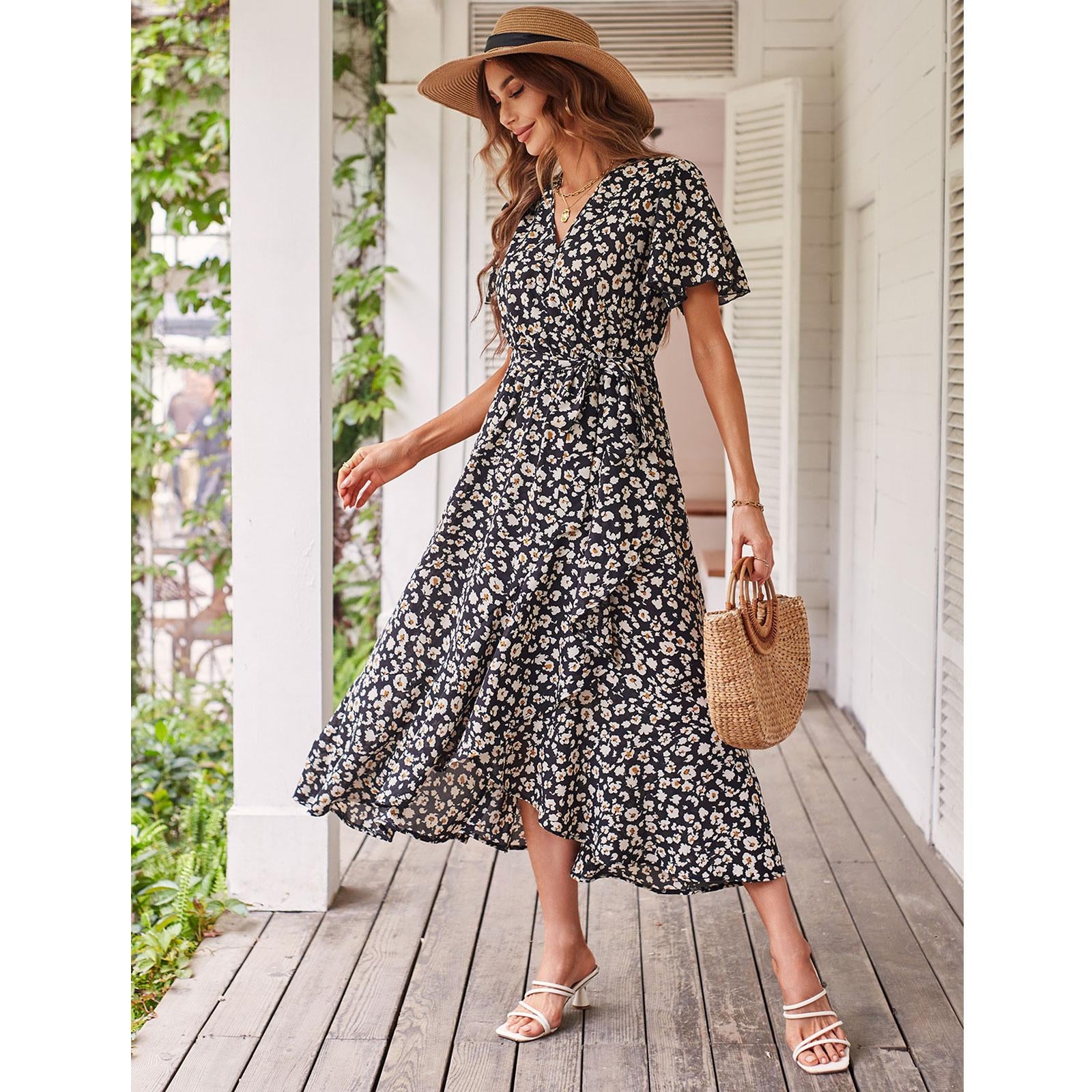 Women's Fitted V-Neck Floral Wrap Casual Midi Dress - Flutter Short Sleeves, Tie Waist, Irregular Ruffle Hem, Gorgeous Bohemian Fabric for Summer Beach Wear