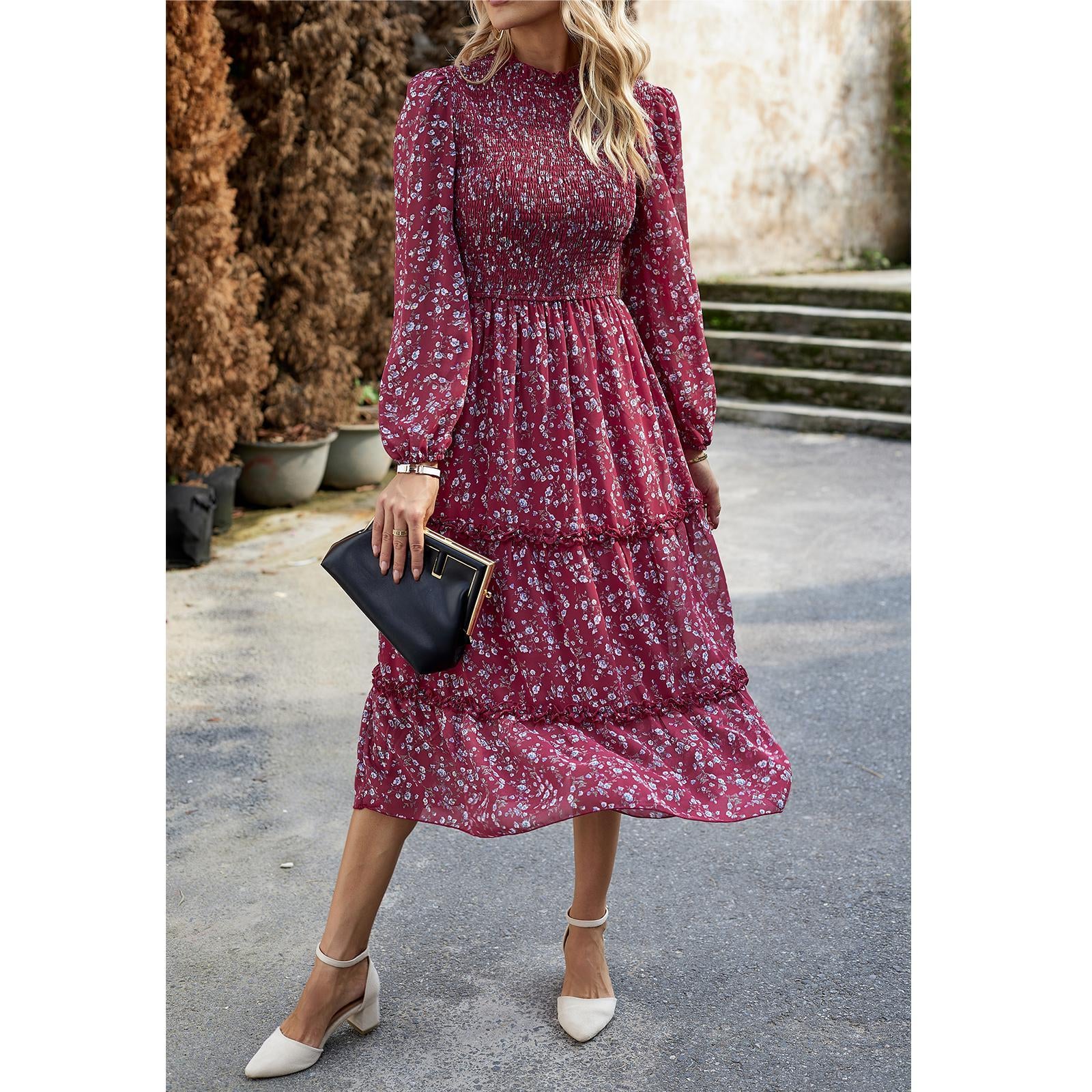 Women's Ditsy Floral Chiffon Midi Dress, Long Sleeve High Neck Smocked Tiered Ruffle Flowy Boho Dress for Spring Fall