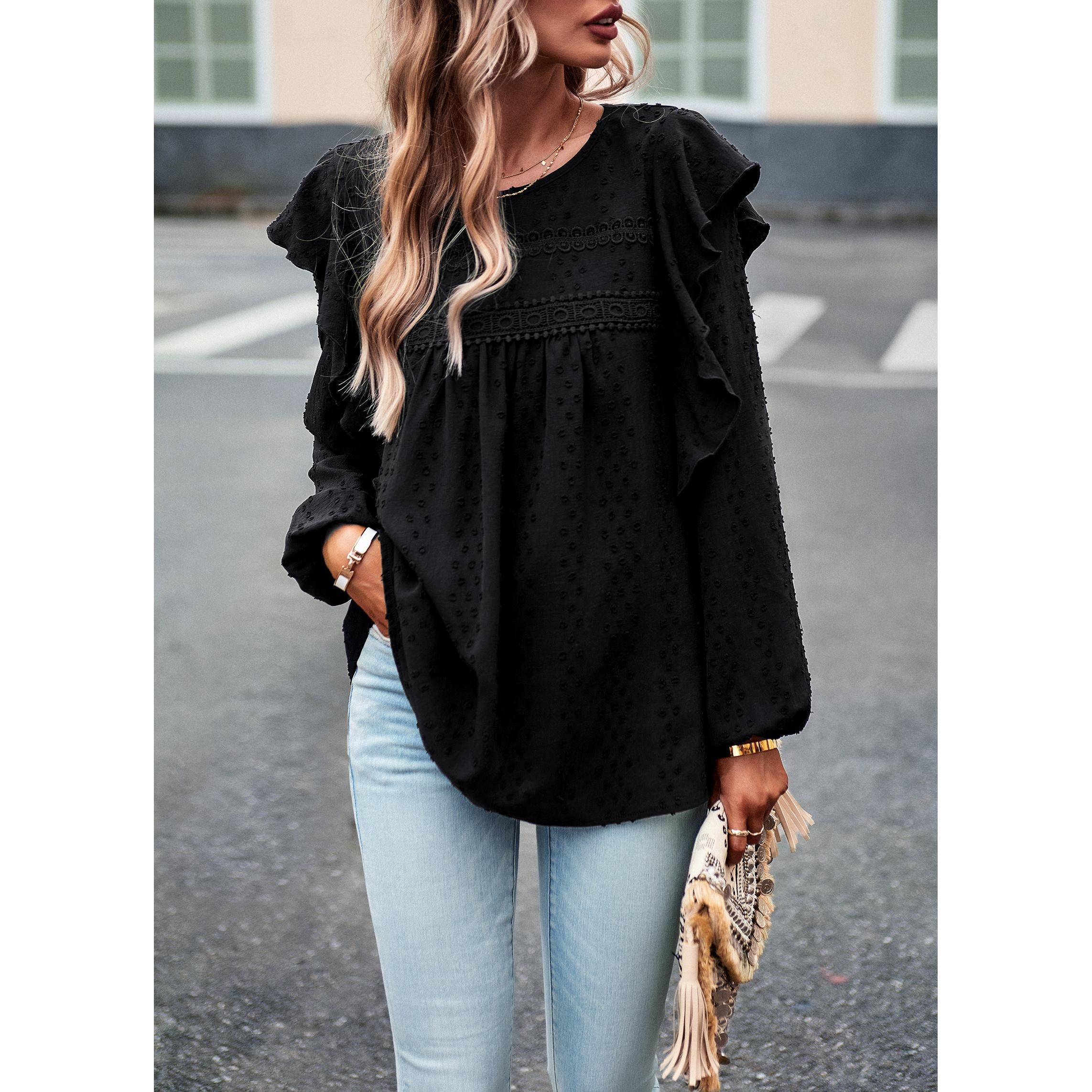 Women's Soft Feminine Swiss Dot Blouse - Long Sleeve, Round Neck with Lace Cutout, Loose Flowy Casual Comfy Boho Tunic Top with Soft Fabric