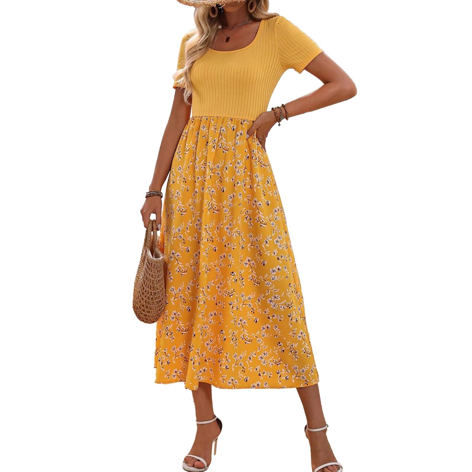 Women's Square Neck Short Sleeve Ribbed Knit High Waist Flowy Boho Midi Dress - Floral Accents Casual Dresses for Daily, Holiday Wear, Women's Dresses