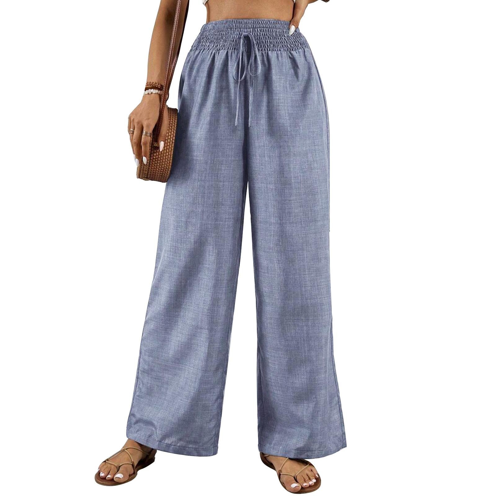 Women's Elastic High Waist Breathe-Fabric Wide Leg Pants - Adjustable Drawstring, Flowing Cut Casual Outfits Women Summer Beach Trousers
