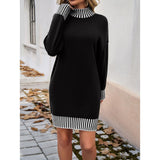 Women's Casual Turtleneck Striped Color Block Knit Mini Dress - Long Sleeve, Loose, Lightweight, Soft, Simple Solid Bottom Dress for Fall Winter, Coat-Friendly Outdoor Wear