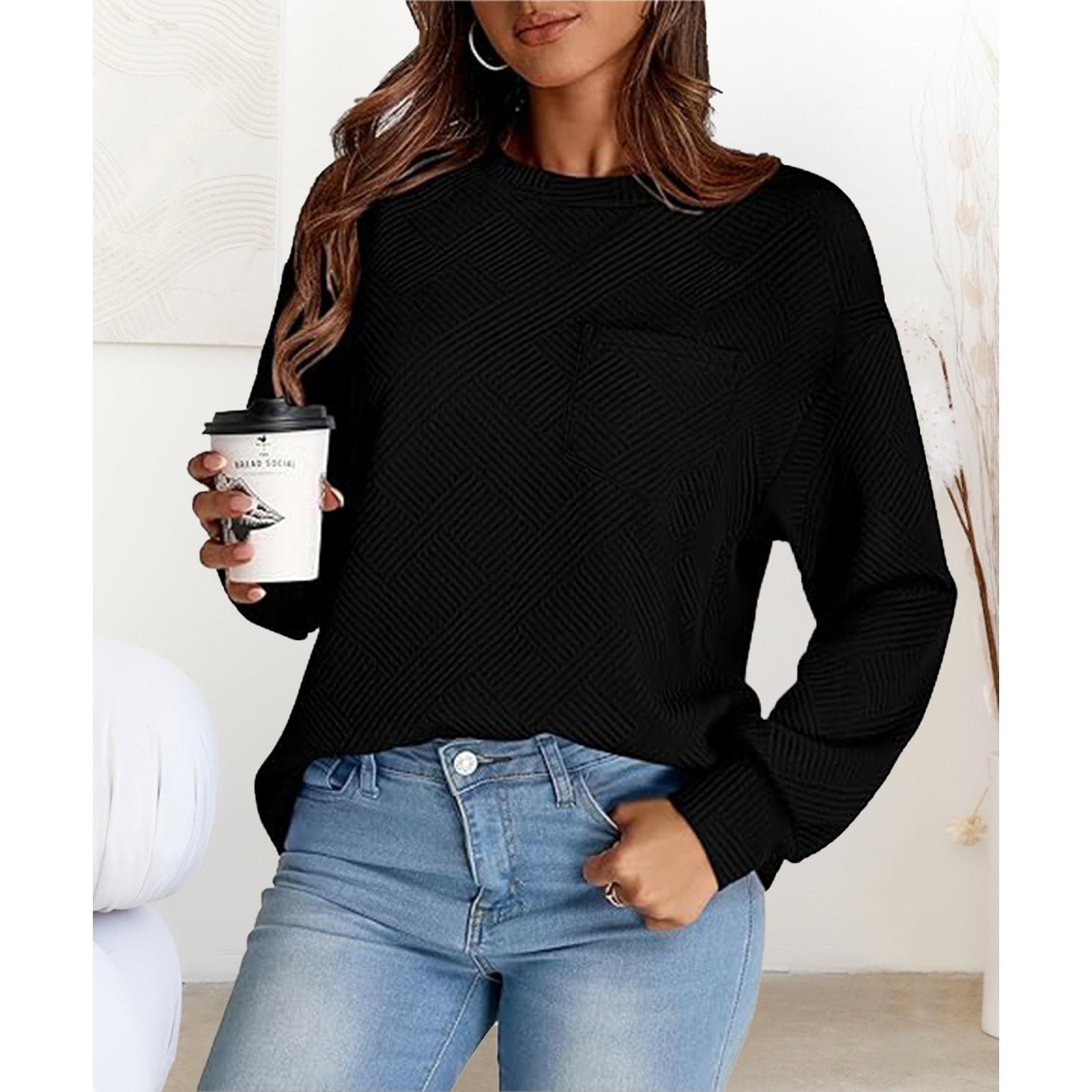 Women's Simple Soft Woven Geometric Jacquard Fabric Crew Neck Sweatshirt - Loose Drop Shoulder Long Sleeve Pullover with Ribbed Details, Casual Fall Basic Top