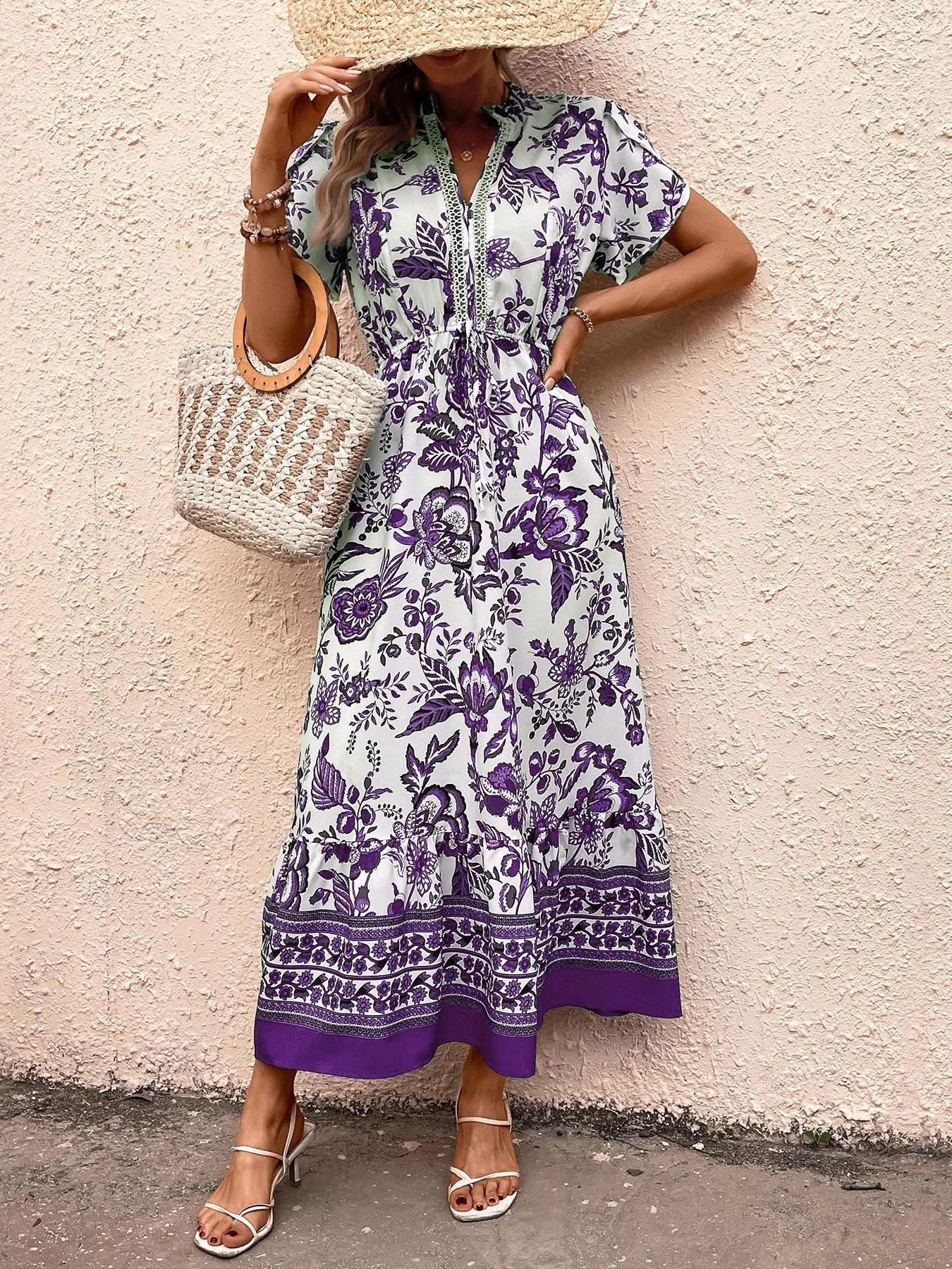 Women's Polyester Boho Floral Graphic Casual Dress - Short Sleeve, V-Neck, Adjustable Waist, Ruffle Hem - Summer Vacation Wear, Floral Graphic Casual Dresses