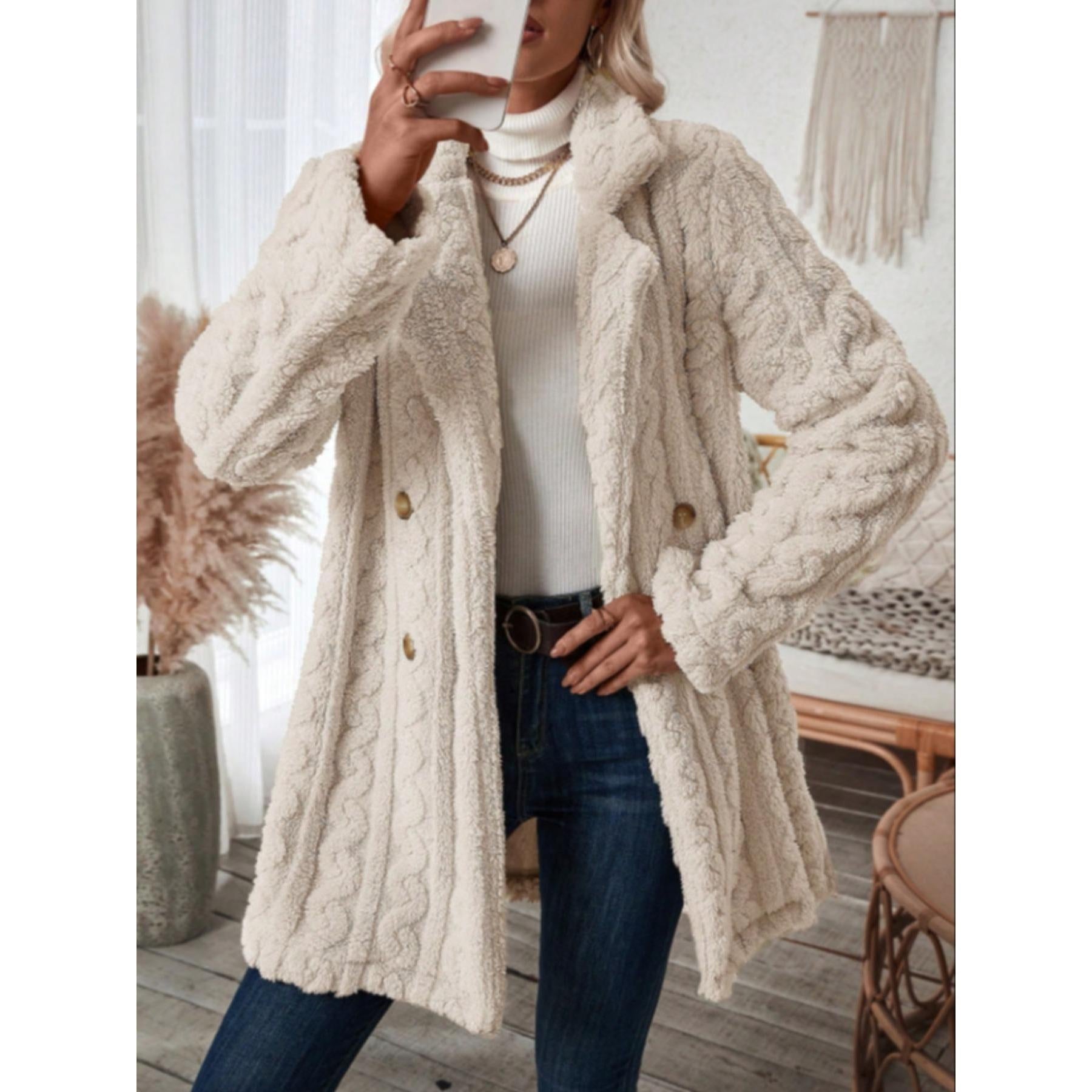 Women's Vintage Cable Knit Warm Plush Mid-Length Coat - Lapel, Double Breasted, 2-Button, Full Sleeves, Casual Winter Outerwear, Buttoned Women's Fleece Jackets (Vintage Clothing)