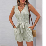 Women's Sleeveless Striped V Neck Romper, Button Down Tie Waist Shorts Jumpsuit, Casual Summer One Piece Outfit with Pockets