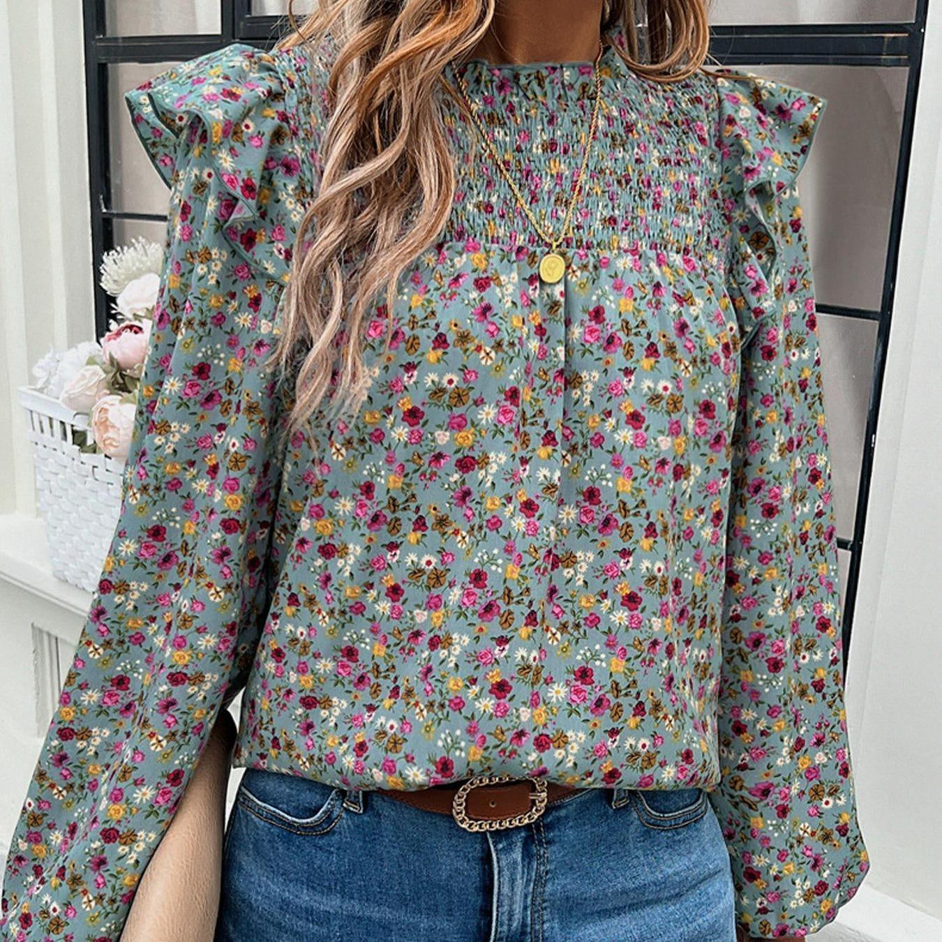 Women's Gorgeous Ditsy Floral Print Polyester Blouse - Smocked Mock Neck, Ruffle Balloon Long Sleeves, Everyday Bohemian Casual Shirt