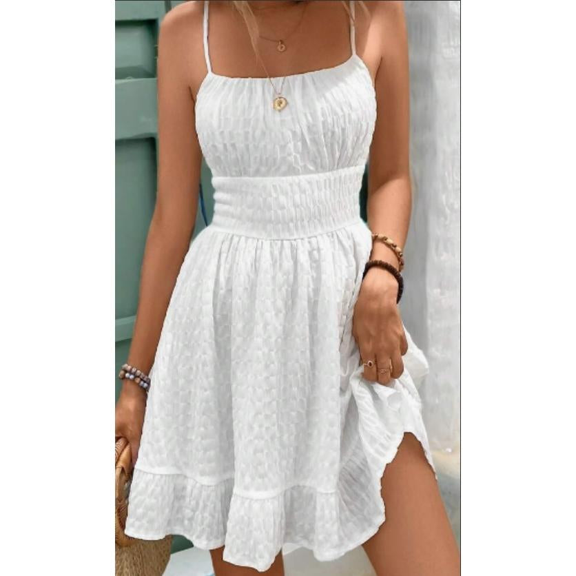 Women Square Neck Spaghetti Strap Mini Dress, Smocked Waist Textured Ruffle Hem A-line Summer Sundress for Beach Vacation