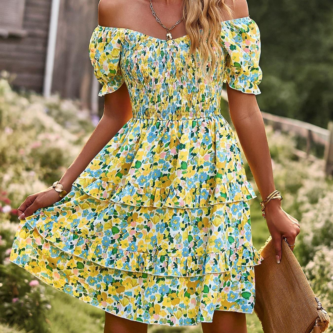 Women’s Comfortable Elegant Off-The-Shoulder Scoop Neck A-Line Mini Dress - Short Puff Sleeves, Ruffle Details, Ditsy Floral Print, Bohemian Pull-On Style for Vacations, Beach