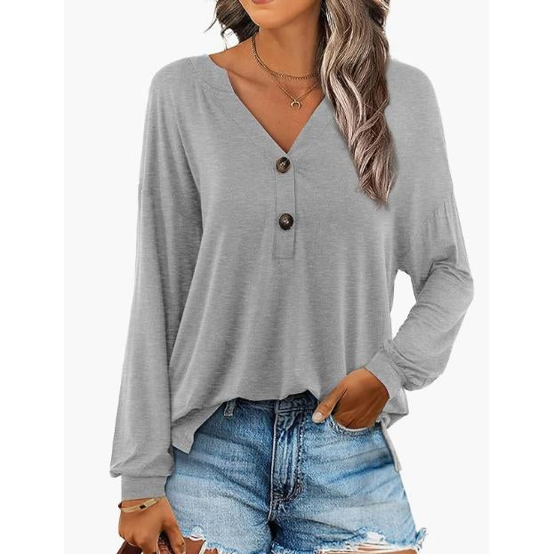 Women's Breathable Henley Long-Sleeve V-Neck Button-Decor Casual Loose Solid Minimalist Tunic Blouse, Everyday Hip Fall Basic Top for Layering Under Jackets
