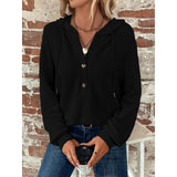 Women's Waffle Knit Henley Hoodie Long Sleeve Drawstring Button V Neck Casual Loose Fit Basic Tops