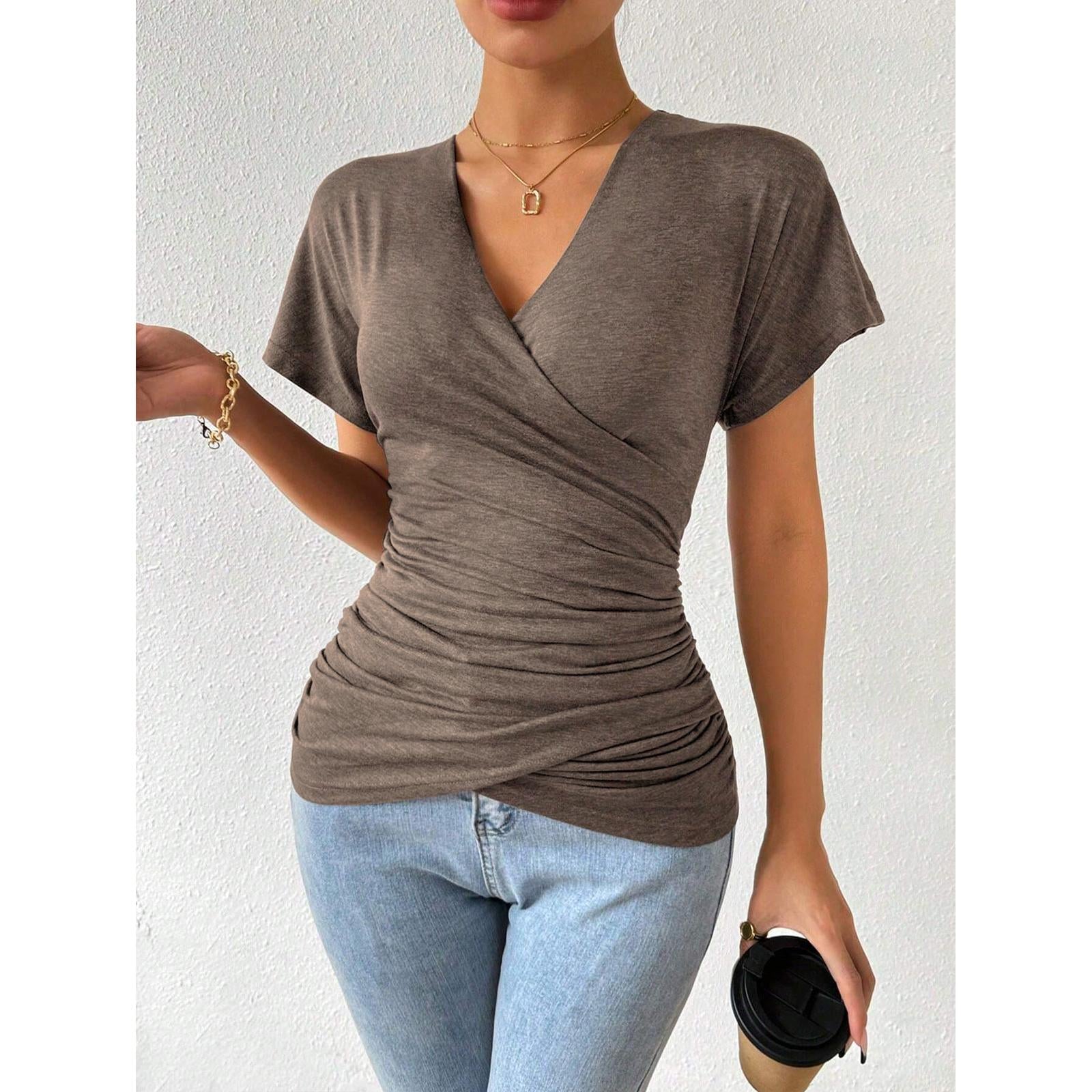 Women Surplice Wrap V Neck Short Sleeve Top, Ruched Waist Slim Fit Casual Solid Color Tee, Summer Elegant T Shirt Blouse for Daily Outing