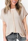 Pale Khaki Solid Color Textured Seamed Short Sleeve Top