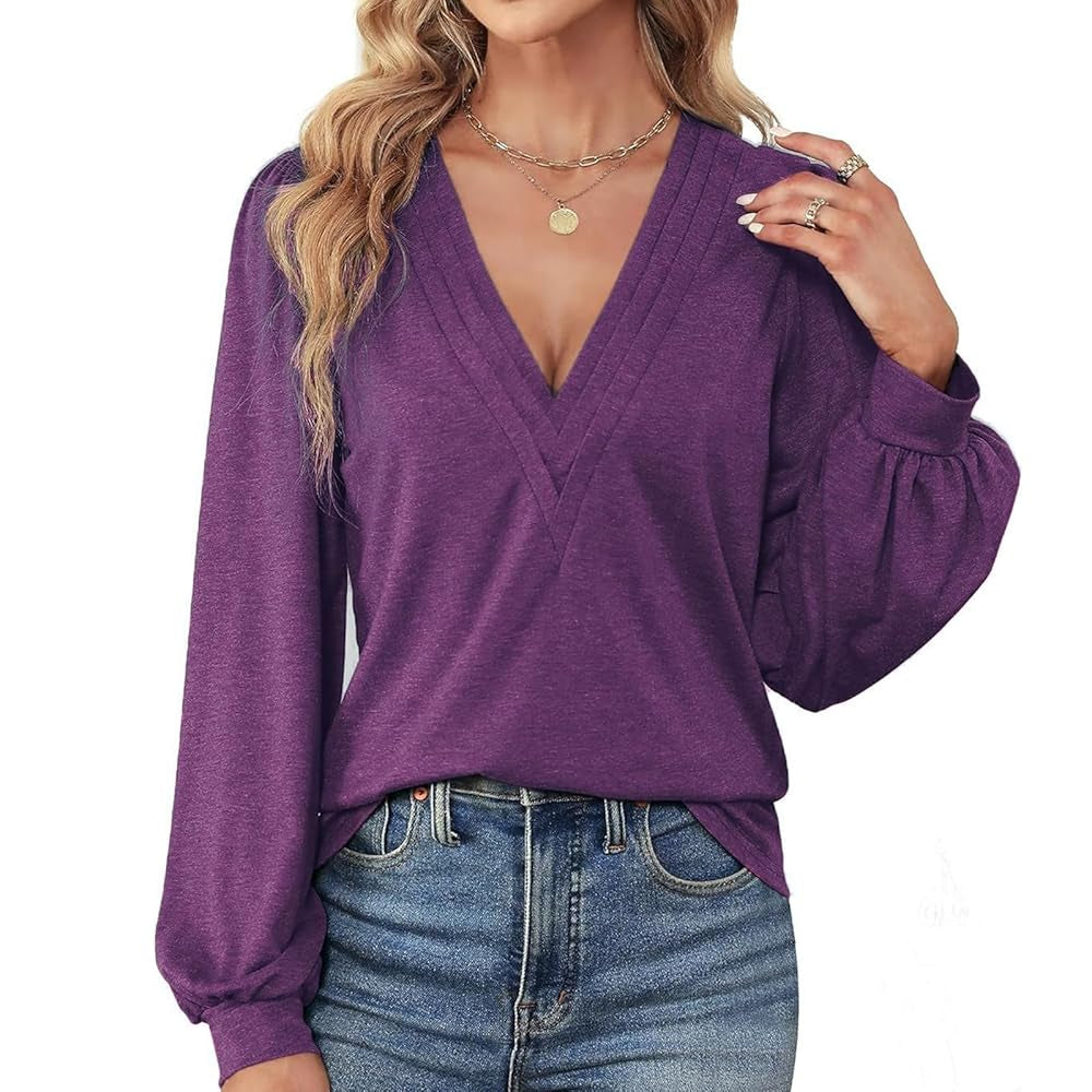 Women's Feminine Knit Deep V-Neck Long Sleeve Blouses - Puff Lantern Sleeves, Pleated Front, Basic Comfy Stretchy Solid Color Loose Fit Casual Shirts for Daily Wear