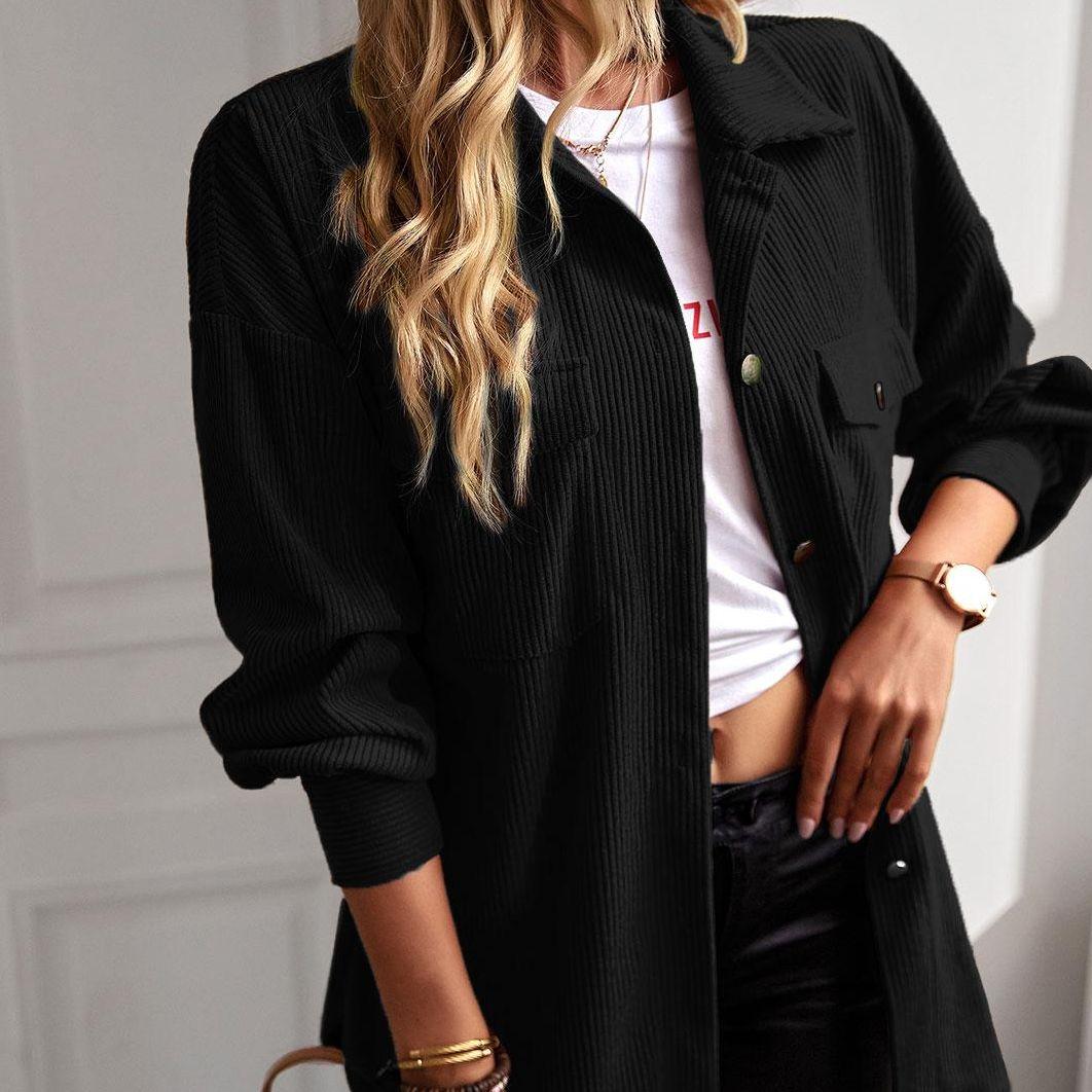 Women's Basic Plain Long Corduroy Shirt Jacket Coats - Collared Neck, Button-Down, Elegant Cuff Sleeves, Comfortable Loose Fit, Tops for Women, Office & Casual Commuter Outerwear with Elegance & Style