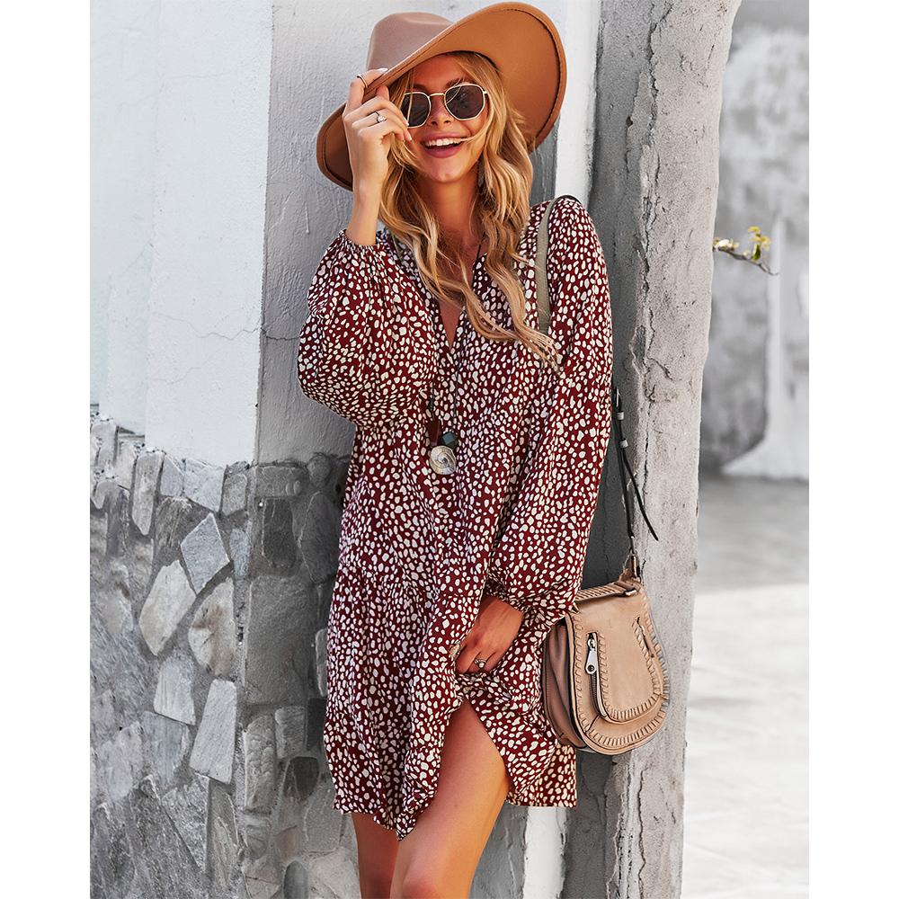 Women's Soft Lightweight Feminine Elastic Bohemian Leopard Speckled Print Long Lantern Sleeve V-Neck Tiered Ruffle Mini Dress - Comfortable Fit, Hip-Loose Flowy Tunic, Casual Wear for Day, Vacation