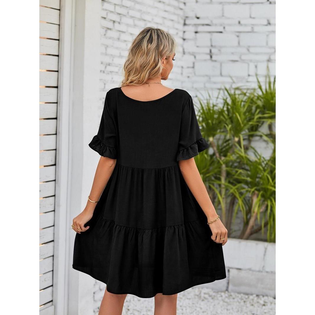 Women's Oversized Minimalist V-Neck Ruffle Short-Sleeve Tiered Midi Dress - Lightweight Soft Basic Breathable Fabric, Feminine Casual Summer Wear