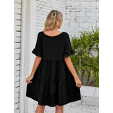 Women's Oversized Minimalist V-Neck Ruffle Short-Sleeve Tiered Midi Dress - Lightweight Soft Basic Breathable Fabric, Feminine Casual Summer Wear