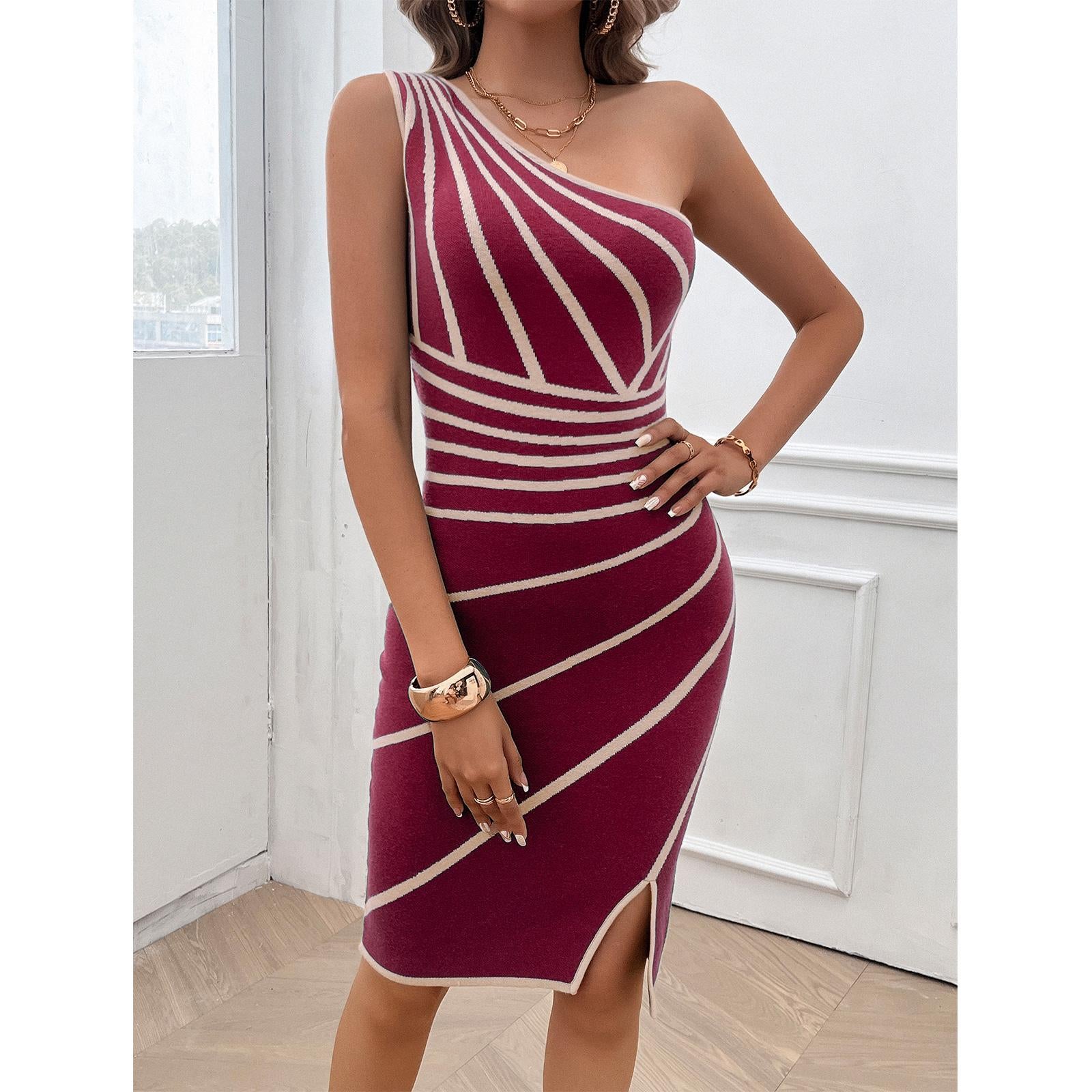 Women's Asymmetrical 1-Shoulder Geometric Striped Soft Knit Midi Dress - High-Waist Slimming Bodycon with Split Hem, Elegant Formal Dress for Cocktail Party, Birthday Ideas