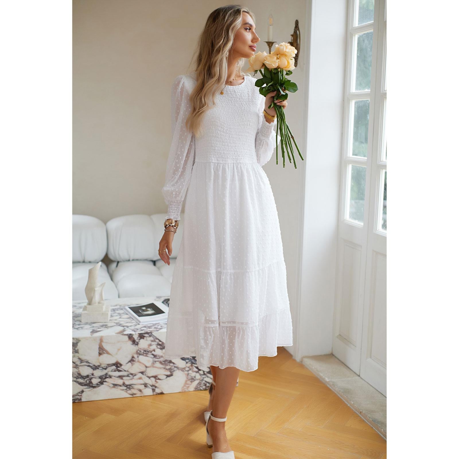 Women's Swiss Dot Long Sleeve Midi Dress - Round Neck Smocked Bodice, Tiered Flowy A-Line, Elastic Fabric, Feminine Balloon Casual Wear Dress