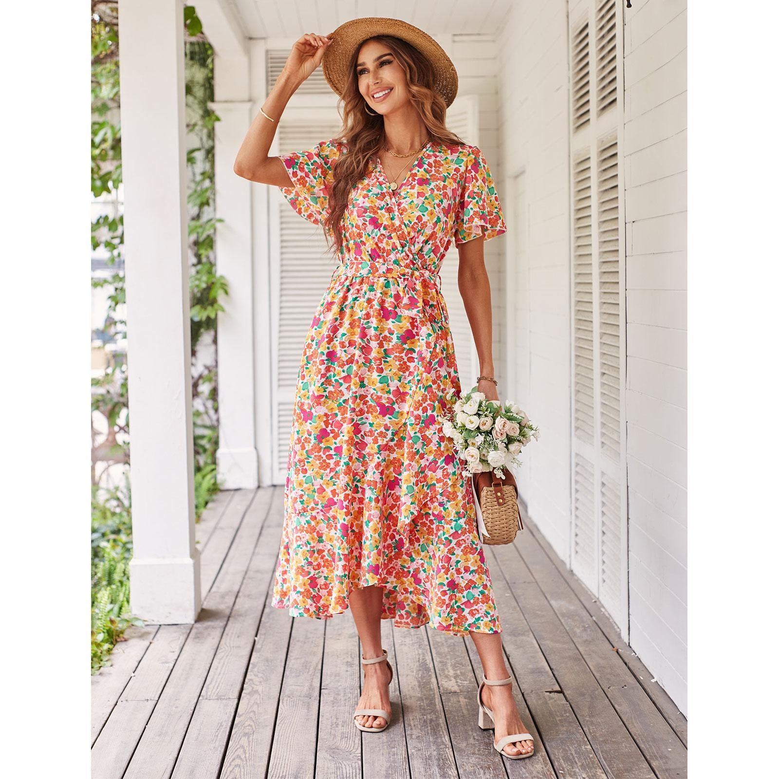 Women's Fitted V-Neck Floral Wrap Casual Midi Dress - Flutter Short Sleeves, Tie Waist, Irregular Ruffle Hem, Gorgeous Bohemian Fabric for Summer Beach Wear