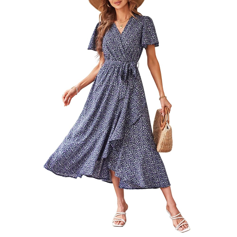 Women's Fitted V-Neck Floral Wrap Casual Midi Dress - Flutter Short Sleeves, Tie Waist, Irregular Ruffle Hem, Gorgeous Bohemian Fabric for Summer Beach Wear