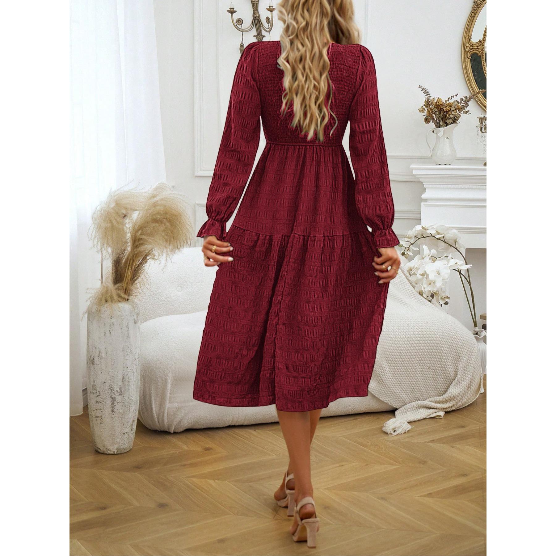 Women's Long-Sleeve Smocked Woven Midi Dress - Round Neck, Tiered Ruffle, Flowy A-Line, Lightweight Feminine Gorgeous Textured Casual Everyday Wear for Fall Wedding Guests (Strappy Detailing Option)