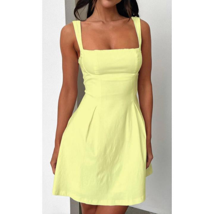 Women's Elegant Back Bow Cutout Sleeveless Square Neck Flare Mini Dress - Ideal for Date Night, Wedding Guest Dresses