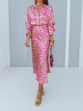 Women Elegant Lapel Print High Waist Dress