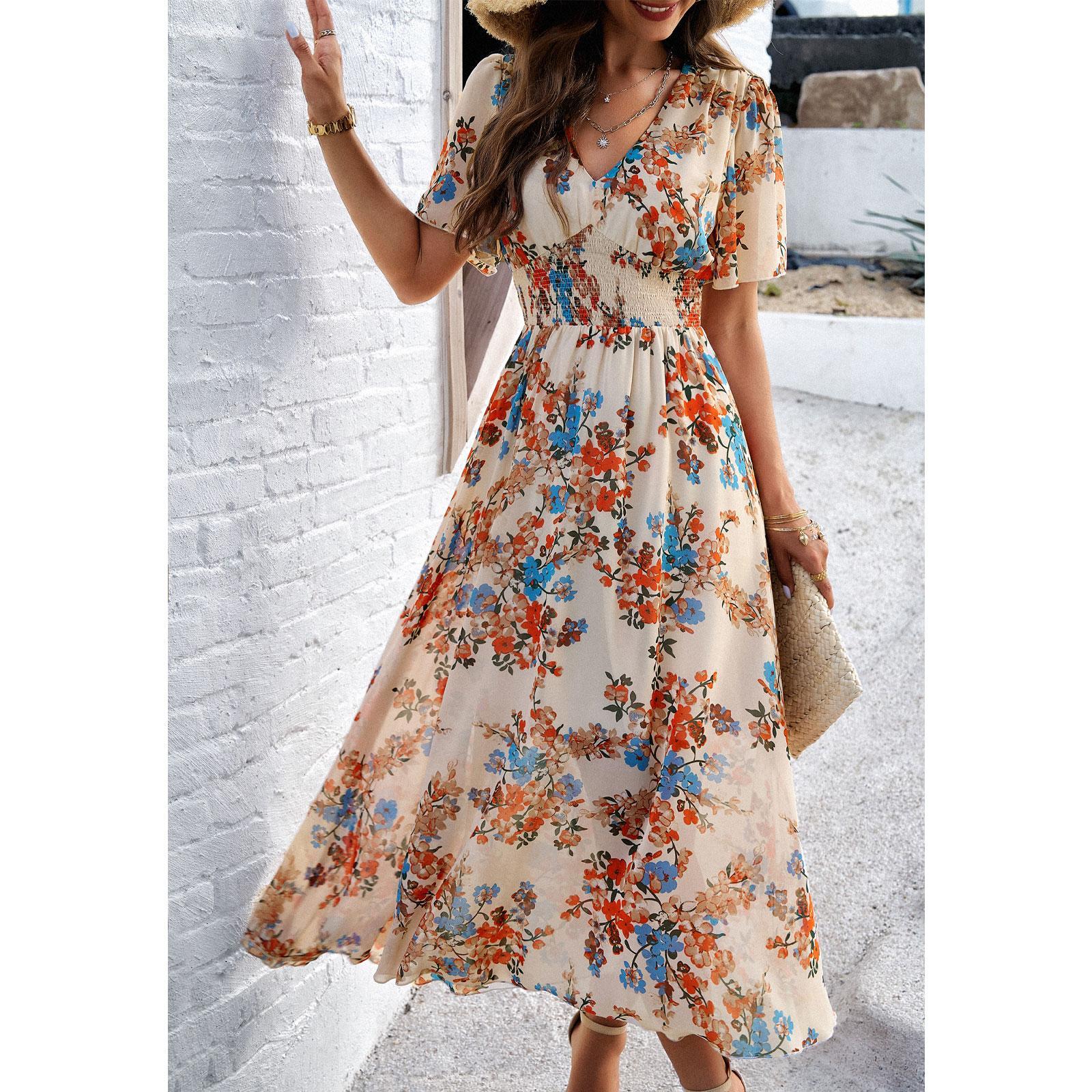 Lady's Elegant Casual Polyester Dress - Short Sleeves, V-Neck, Ditsy Floral Print, A-Line, Bohemian Style, Pull-On, Machine Washable Casual Wear for Summer Vacation Beach