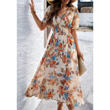 Lady's Elegant Casual Polyester Dress - Short Sleeves, V-Neck, Ditsy Floral Print, A-Line, Bohemian Style, Pull-On, Machine Washable Casual Wear for Summer Vacation Beach